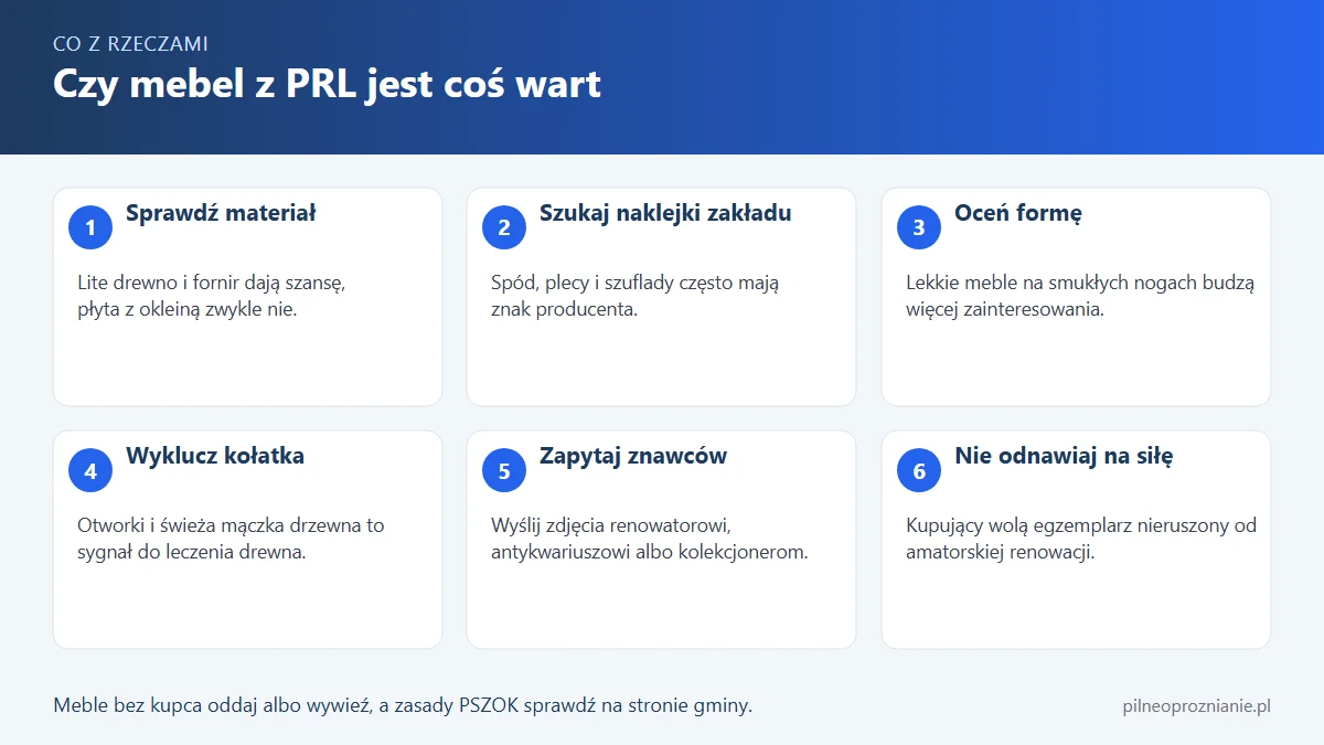 Infografika: sześć kroków oceny mebla z PRL, od sprawdzenia materiału po decyzję o sprzedaży