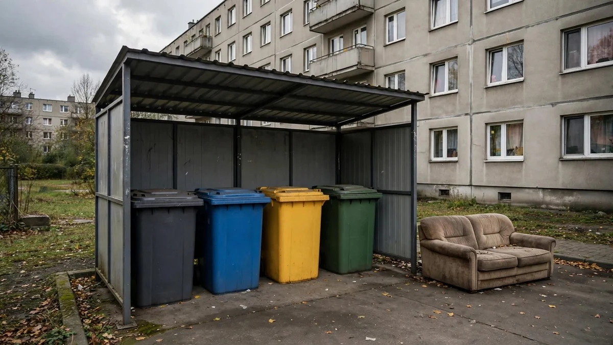 Wysłużona kanapa porzucona obok osiedlowej wiaty śmietnikowej z czterema kolorowymi pojemnikami