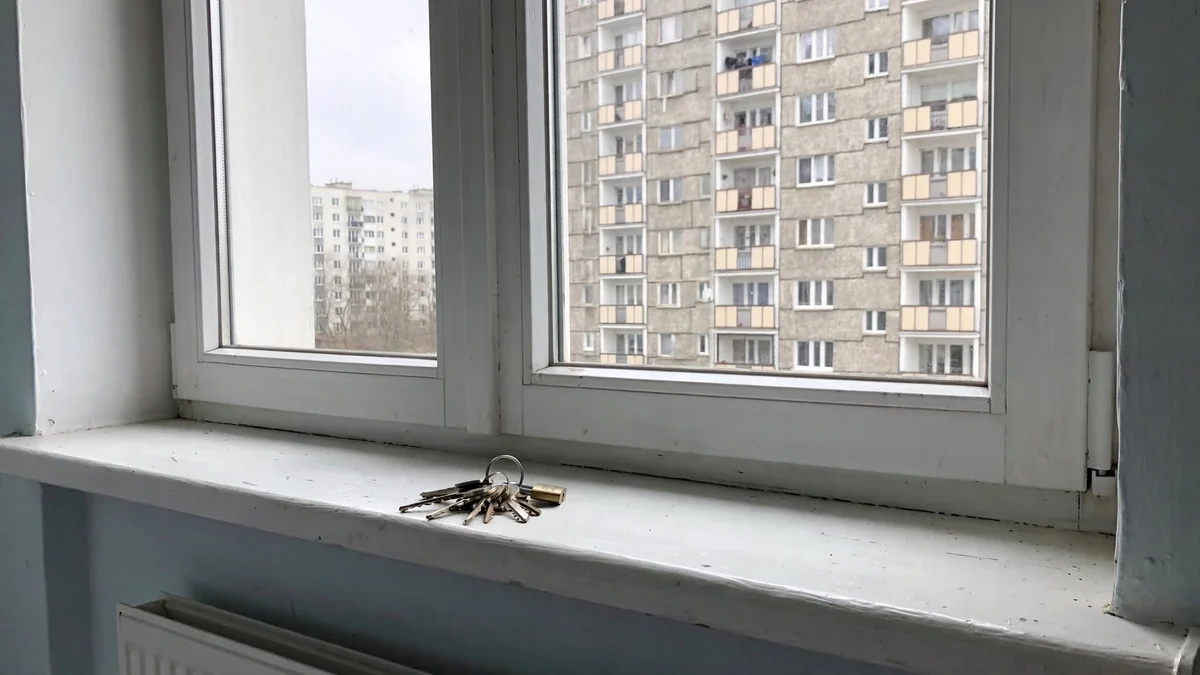 Zbliżenie na przekazywanie pęku kluczy z dłoni w roboczej rękawicy do gołej ręki na klatce schodowej