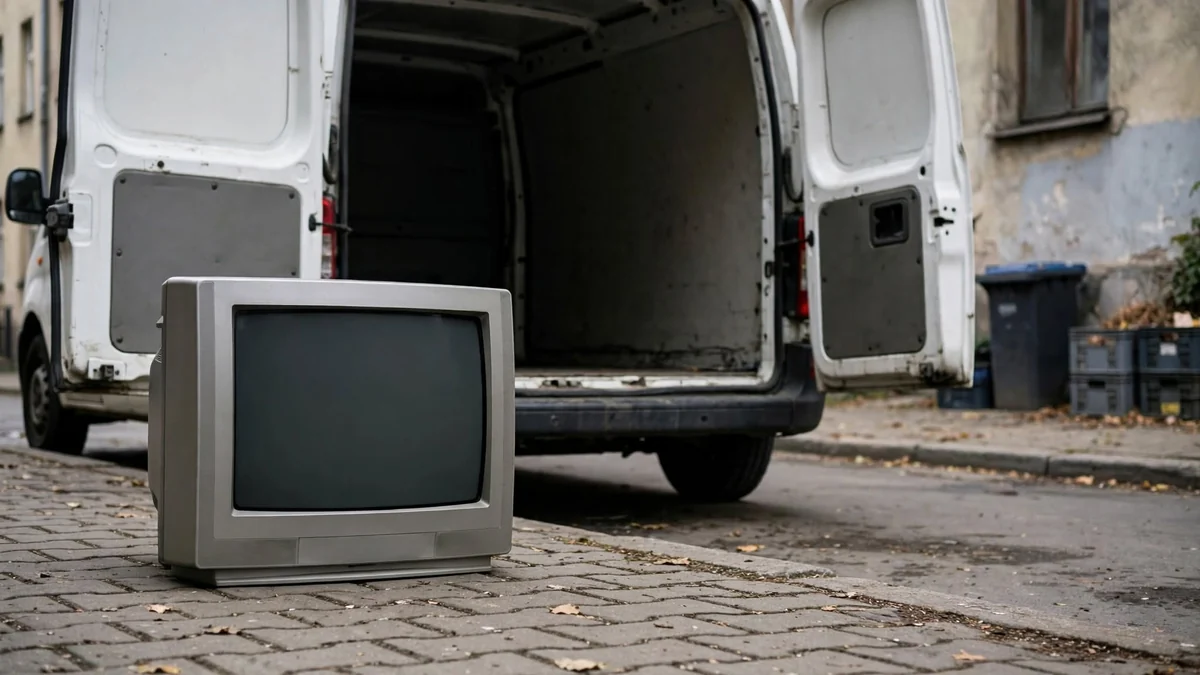 Dwóch pracowników w kamizelkach odblaskowych wstawia stary telewizor kineskopowy do ładowni busa