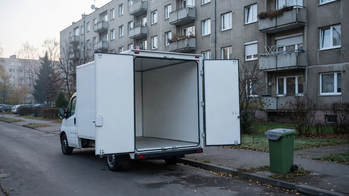 Bus ze skrzynią i otwartymi tylnymi drzwiami zaparkowany przy krawężniku na osiedlowej uliczce pod blokiem