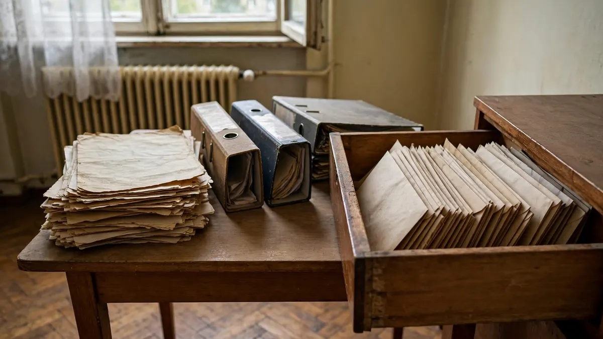 Stosy starych papierów i segregatory na stole, obok otwarta szuflada pełna kopert