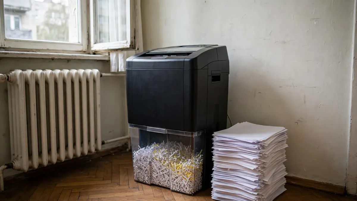 Niszczarka do papieru z pojemnikiem pełnym ścinków, obok sterta kartek