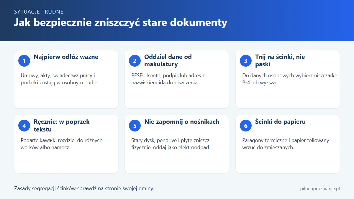 Infografika: sześć kroków bezpiecznego niszczenia starych dokumentów, od sortowania papierów do oddania ścinków na makulaturę