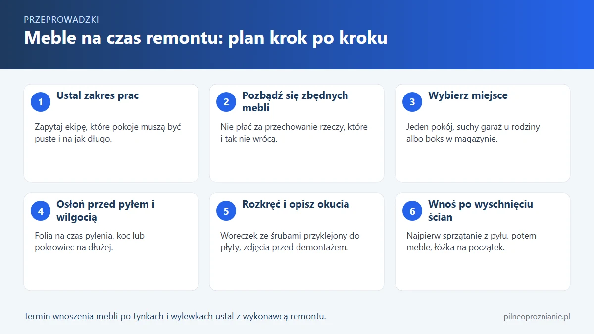 Infografika: sześć kroków przechowania mebli na czas remontu, od oceny zakresu prac do wniesienia mebli z powrotem