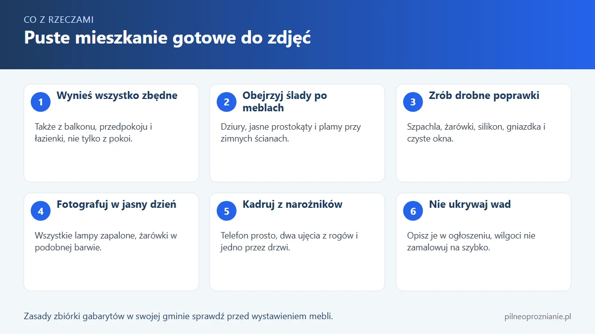 Infografika: sześć kroków przygotowania pustego mieszkania do zdjęć ogłoszenia, od porządków po kadry