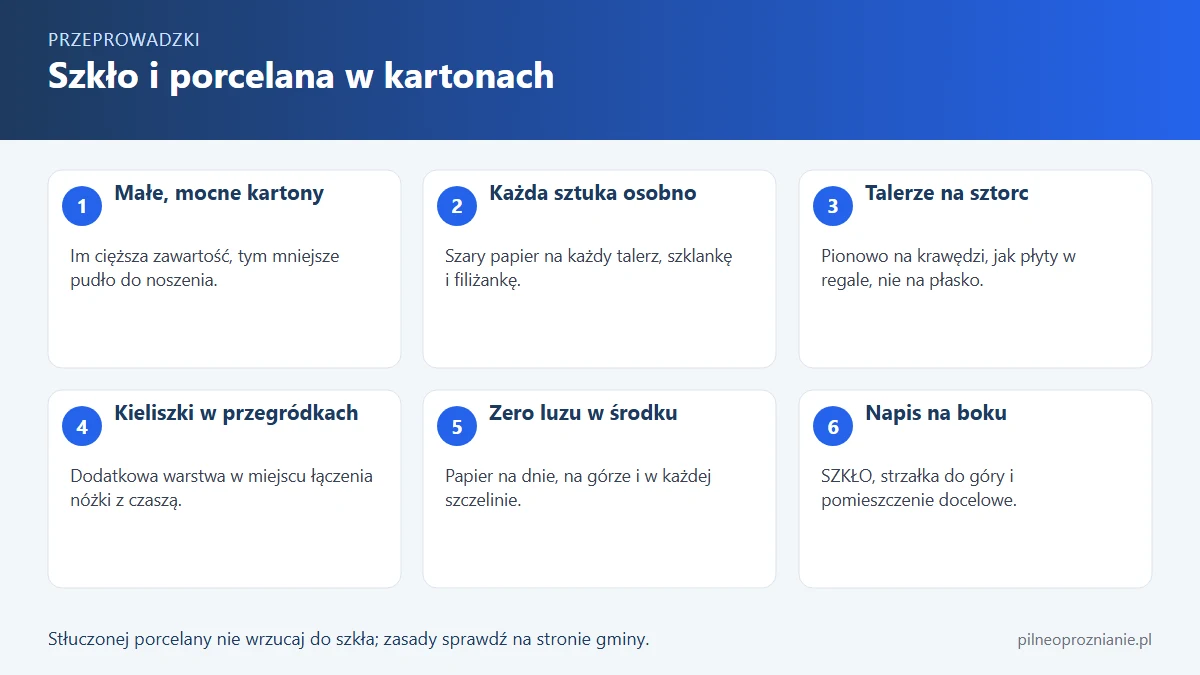 Infografika: sześć kroków pakowania szkła i porcelany, od wyboru małych kartonów po opisanie pudeł strzałką i słowem szkło
