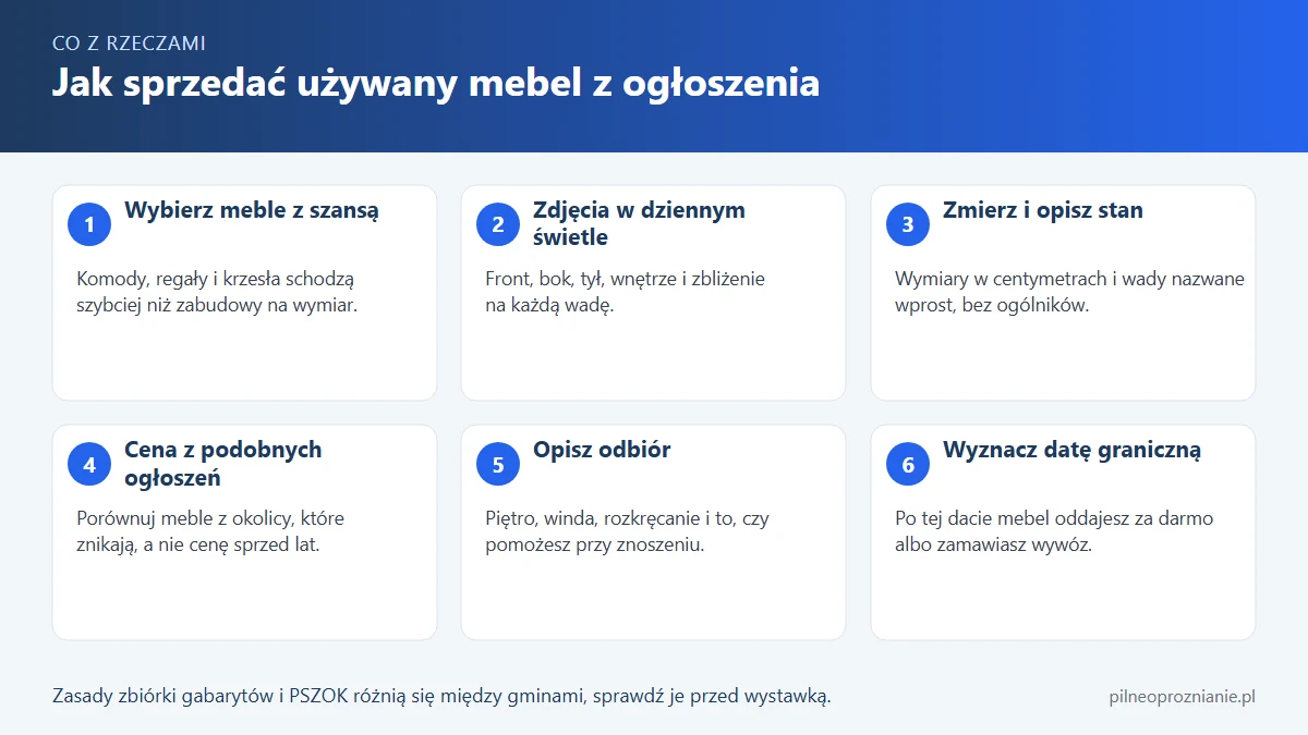 Infografika: sześć kroków sprzedaży używanego mebla z ogłoszenia, od zdjęć do odbioru