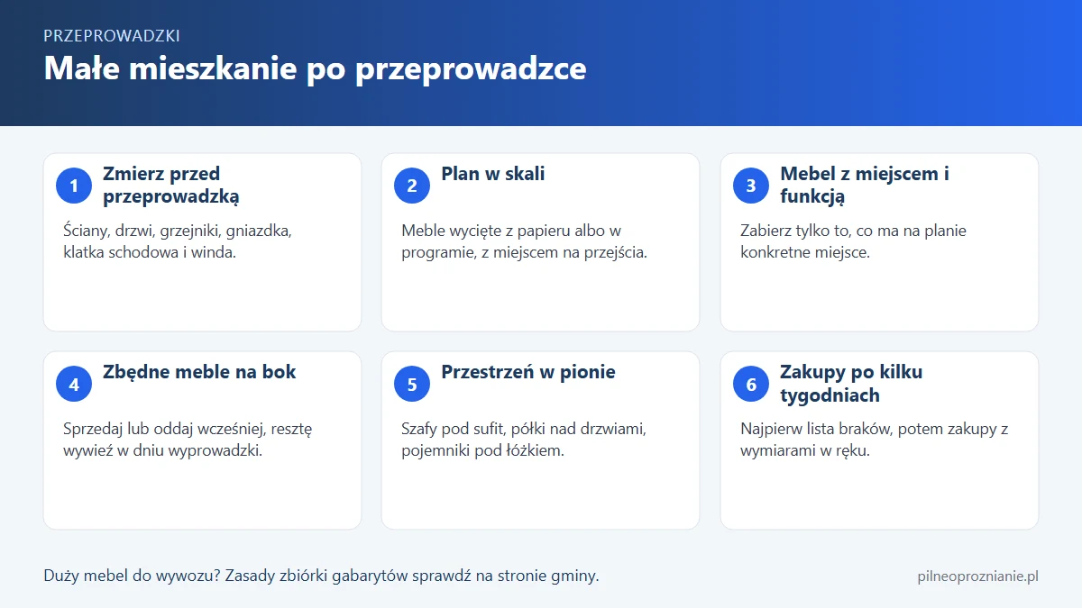 Infografika: sześć kroków urządzania małego mieszkania, od pomiaru ścian przed przeprowadzką do zakupów rozłożonych na kilka tygodni
