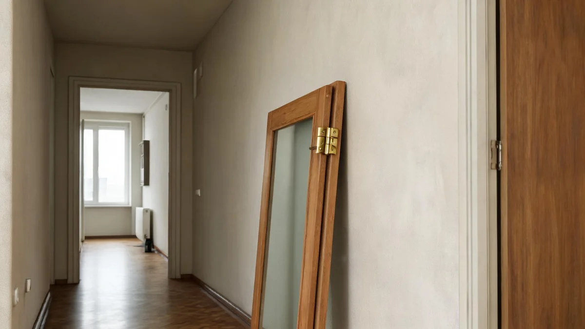 Zdjęte przeszklone skrzydło drzwi z mosiężnymi zawiasami oparte o ścianę pustego korytarza w mieszkaniu