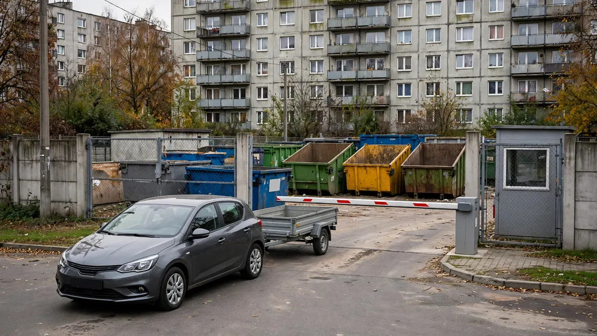 Samochód z przyczepką przed szlabanem punktu zbiórki, w tle kolorowe kontenery i bloki