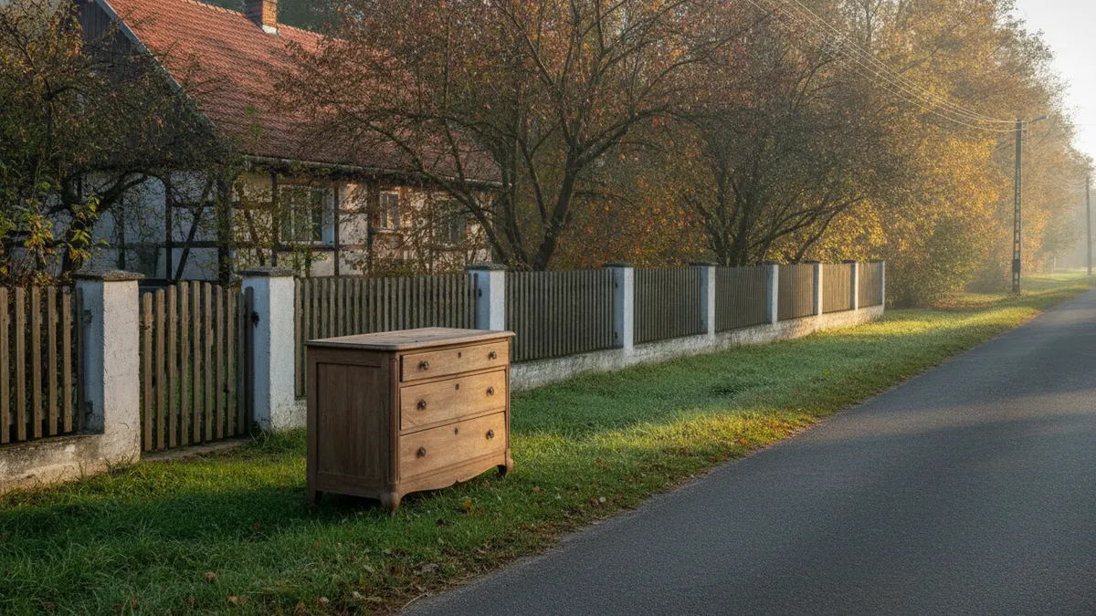 Stara drewniana komoda na trawie przy wiejskiej drodze, przed ogrodzeniem domu, jesienne drzewa