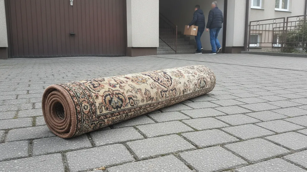 Zwinięty dywan we wzory leży na kostce brukowej przed zamkniętą bramą garażu