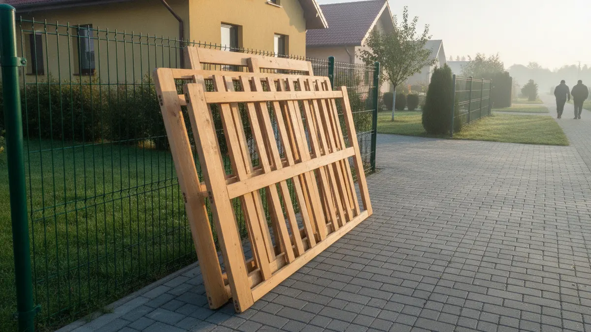 Rozkręcona drewniana rama łóżka oparta o zielone ogrodzenie z siatki przy podjeździe z kostki brukowej