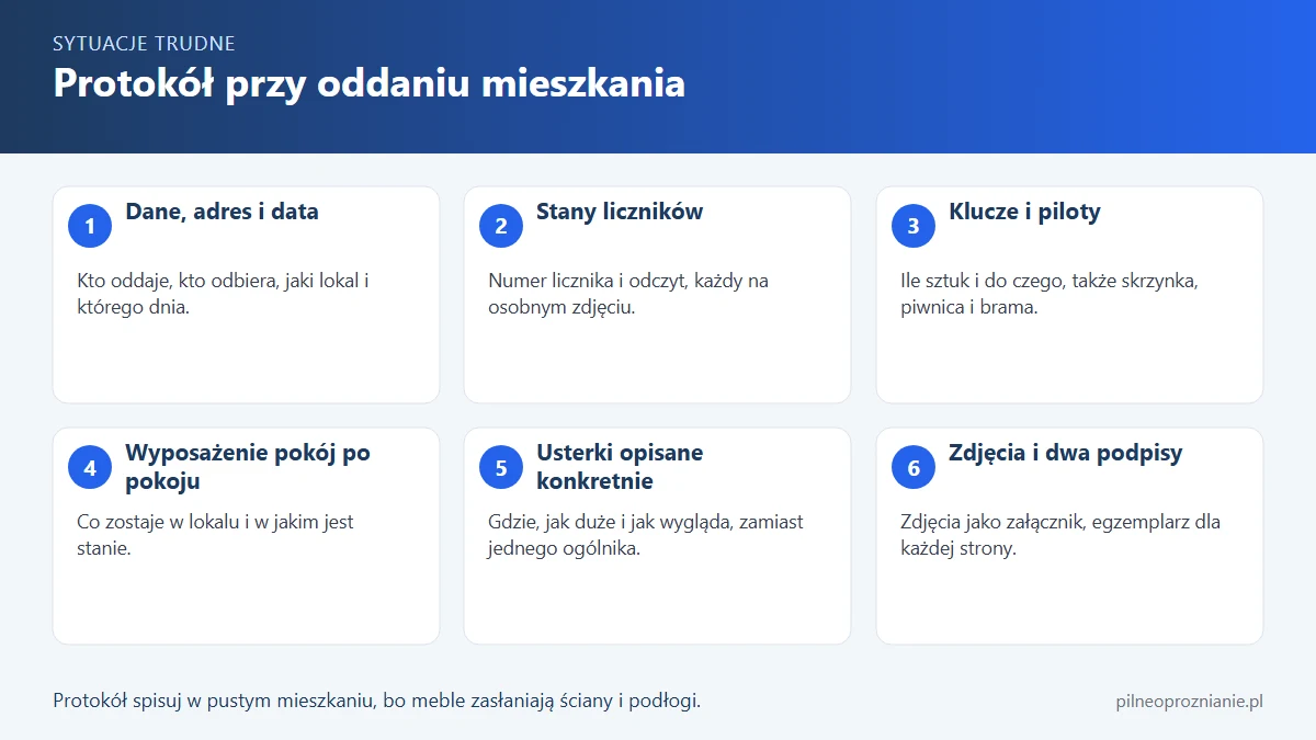 Infografika: sześć elementów protokołu zdawczo-odbiorczego, od danych stron po zdjęcia i podpisy