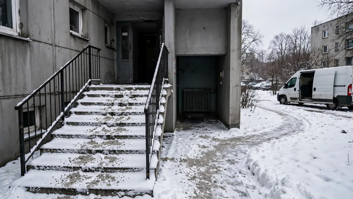 Zaśnieżone schody przed blokiem i odśnieżona ścieżka do zaparkowanego busa