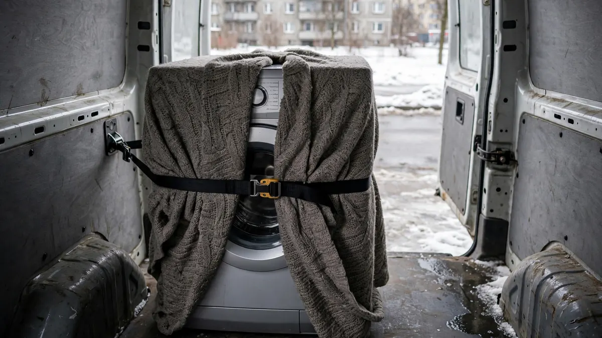 Pralka owinięta kocem i spięta pasem w ładowni busa, za drzwiami śnieg