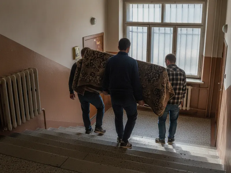 Dwaj mężczyźni widziani od tyłu znoszą po schodach klatki kanapę owiniętą kocem