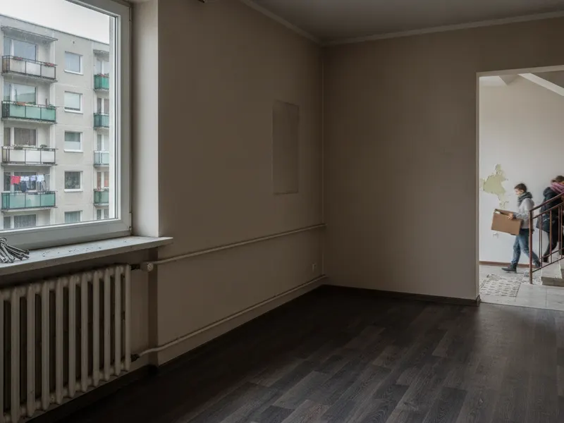 Pusty pokój po opróżnieniu, na parapecie pęk kluczy, za oknem sąsiedni blok