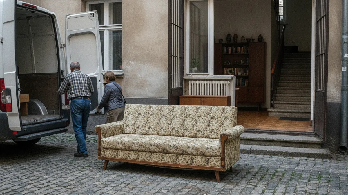 Stara wersalka w kwiaty na brukowanym podwórku kamienicy, obok bus z otwartymi tylnymi drzwiami