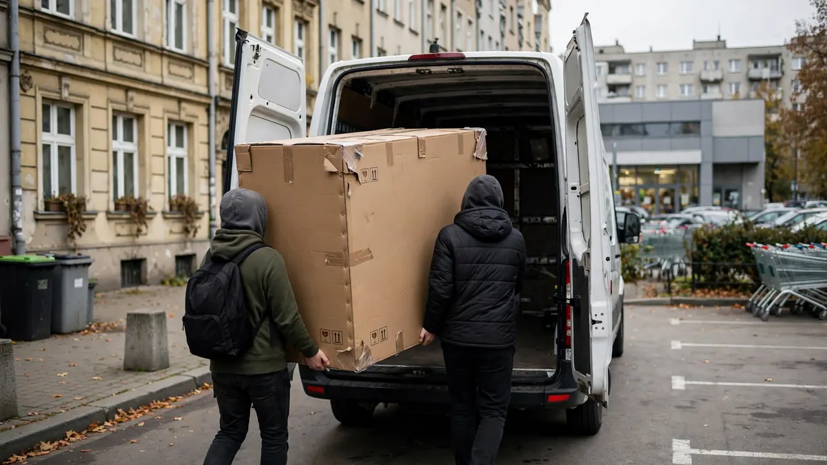 Zapakowana szafa w kartonie wnoszona do furgonetki na parkingu marketu, na ulicy przy gdańskiej kamienicy