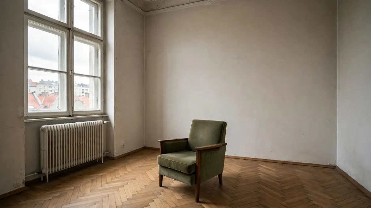 Fotel stojący samotnie w pustym pokoju, w gdańskiej kamienicy z wysokimi sufitami albo w bloku na Przymorzu
