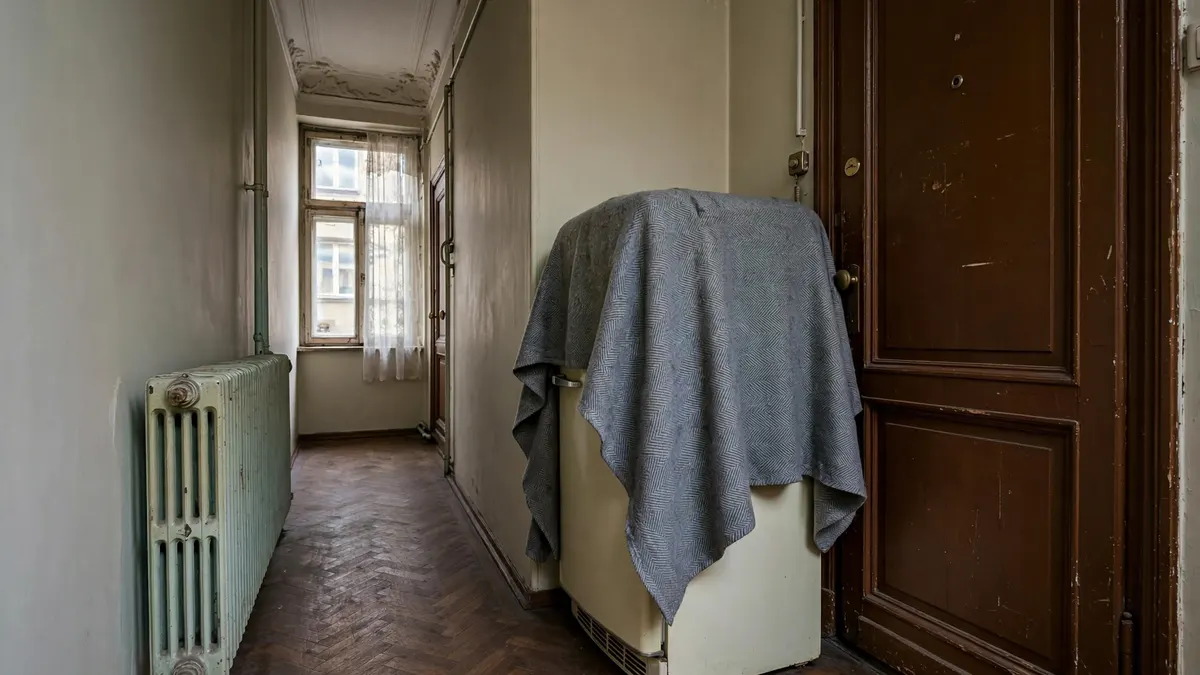 Stara lodówka owinięta kocem stoi przy drzwiach wejściowych mieszkania, w gdańskiej kamienicy z wysokimi sufitami albo w bloku na Przymorzu