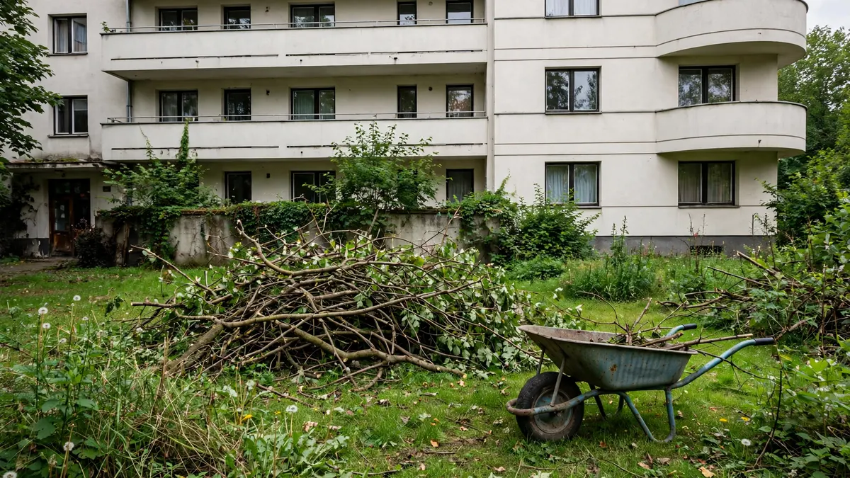 Zarośnięty ogród, na trawie sterta przyciętych gałęzi i taczka, przed modernistyczną kamienicą w Gdyni