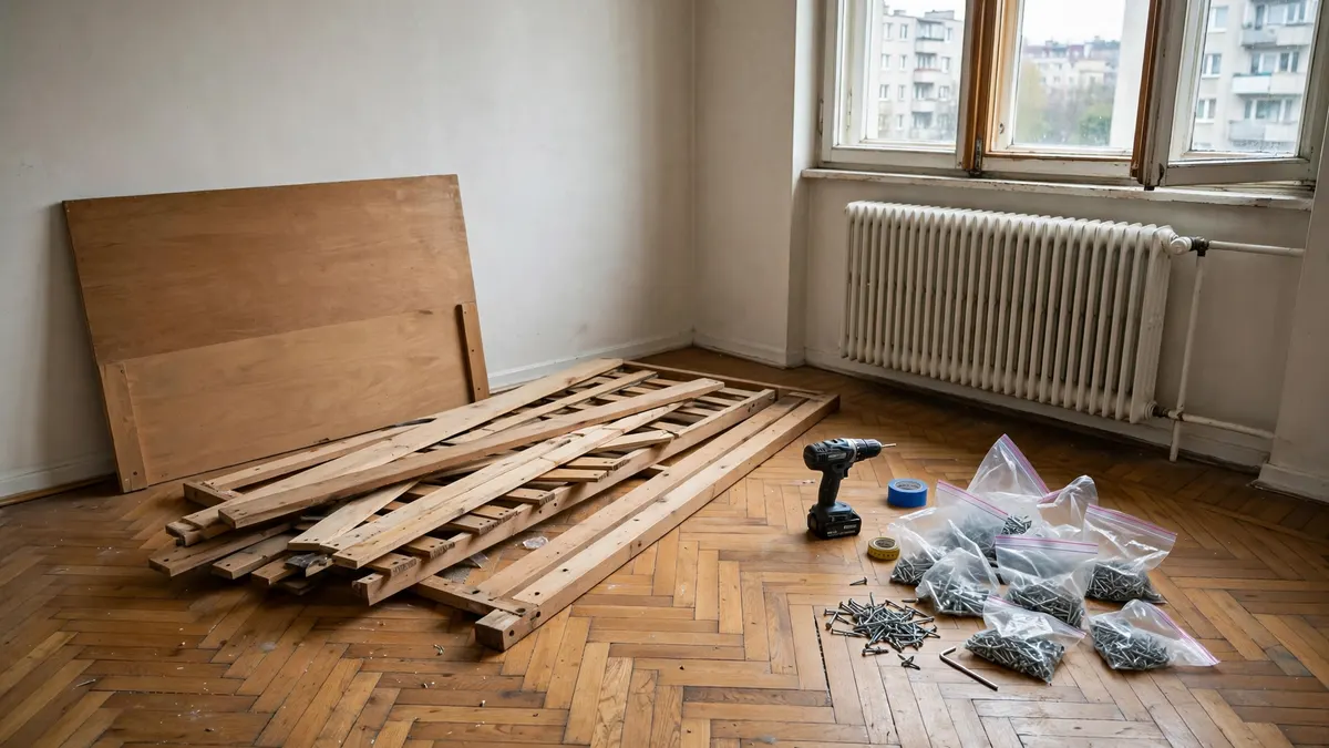 Rozkręcane łóżko, obok wkrętarka i woreczki ze śrubami, w modernistycznej kamienicy w Gdyni albo w bloku na Karwinach