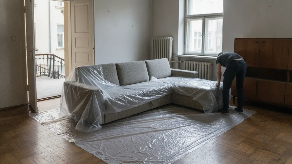 Narożnik kanapowy przykryty folią ochronną w pustym pokoju z parkietem