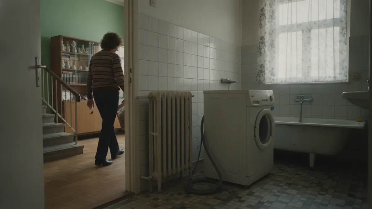 Stara pralka w łazience z białymi kafelkami, obok żeliwny kaloryfer i odłączony wąż