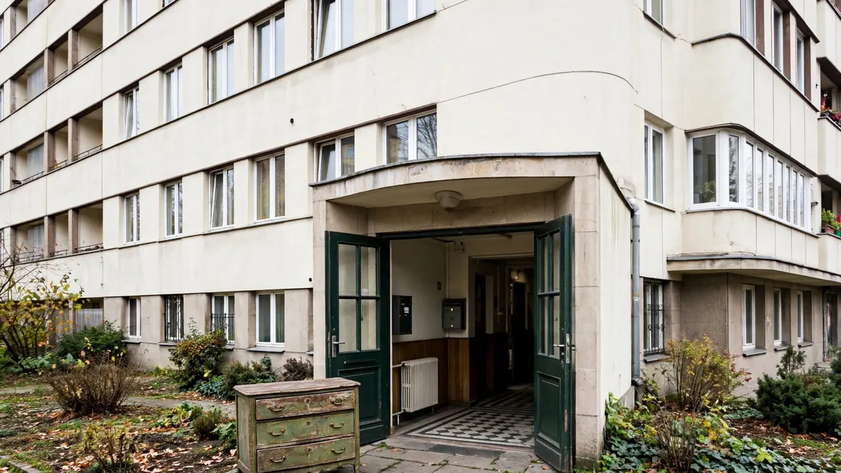 Otwarte drzwi wejściowe domu, na ścieżce stoi stara komoda, przed modernistyczną kamienicą w Gdyni