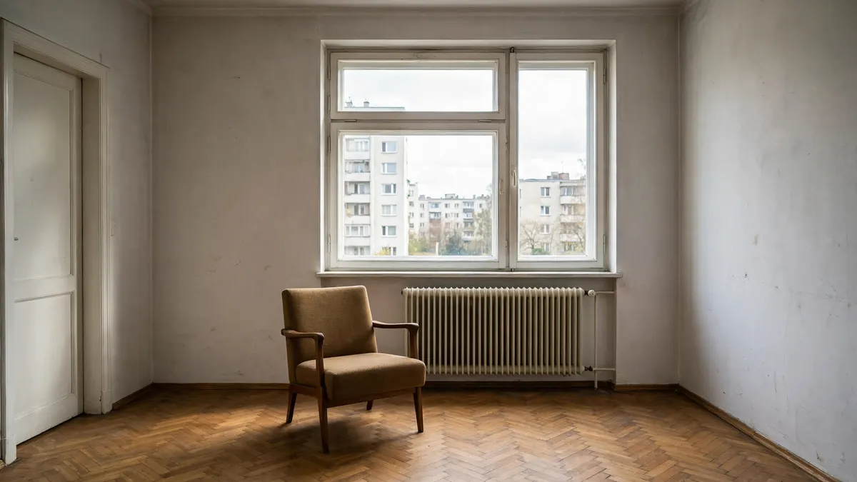 Fotel stojący samotnie w pustym pokoju, w modernistycznej kamienicy w Gdyni albo w bloku na Karwinach