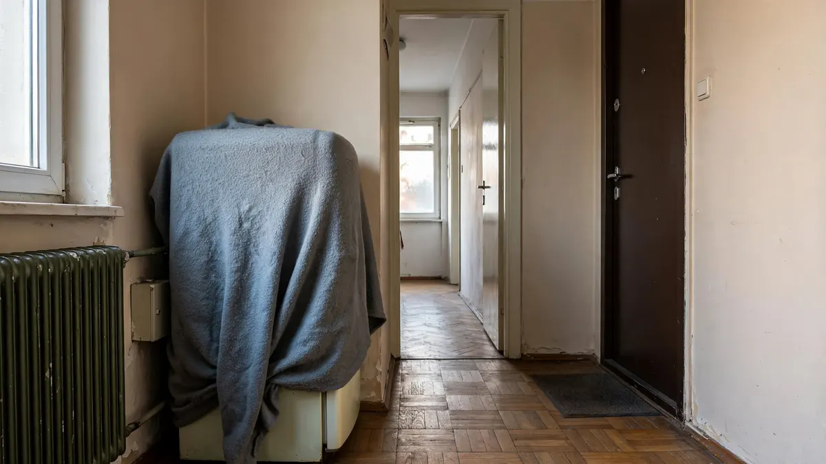 Stara lodówka owinięta kocem stoi przy drzwiach wejściowych mieszkania, w modernistycznej kamienicy w Gdyni albo w bloku na Karwinach
