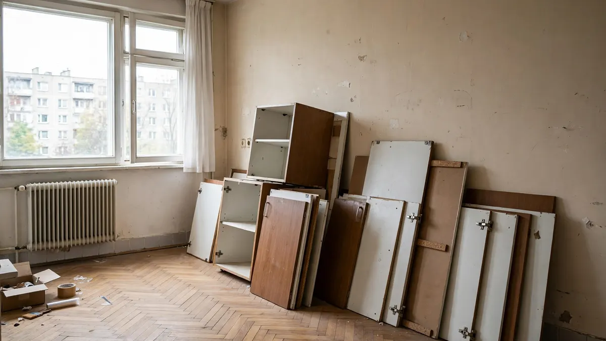 Zdemontowane szafki kuchenne oparte o ścianę pustej kuchni, w modernistycznej kamienicy w Gdyni albo w bloku na Karwinach
