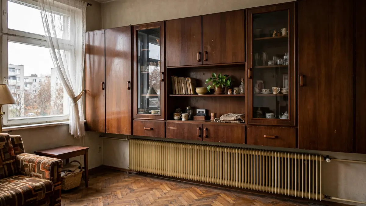 Meblościanka z lat 80. na całą ścianę w pokoju w bloku, w modernistycznej kamienicy w Gdyni albo w bloku na Karwinach