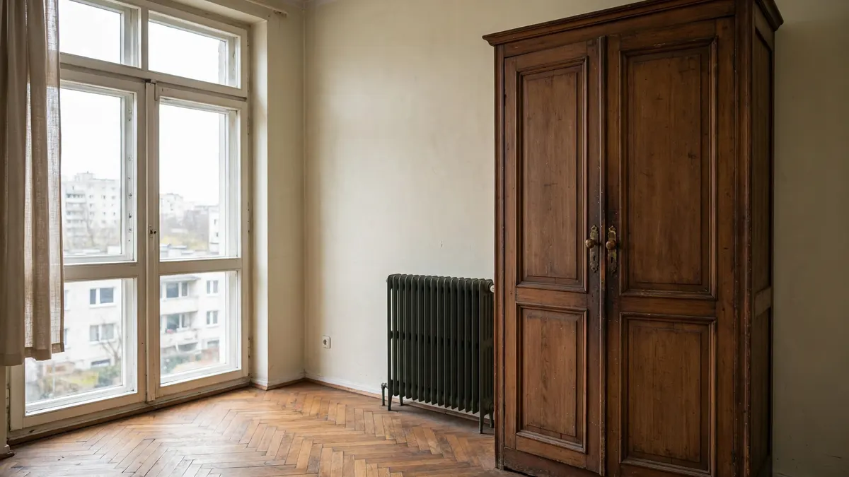 Stara drewniana szafa dwudrzwiowa w pustej sypialni, w modernistycznej kamienicy w Gdyni albo w bloku na Karwinach