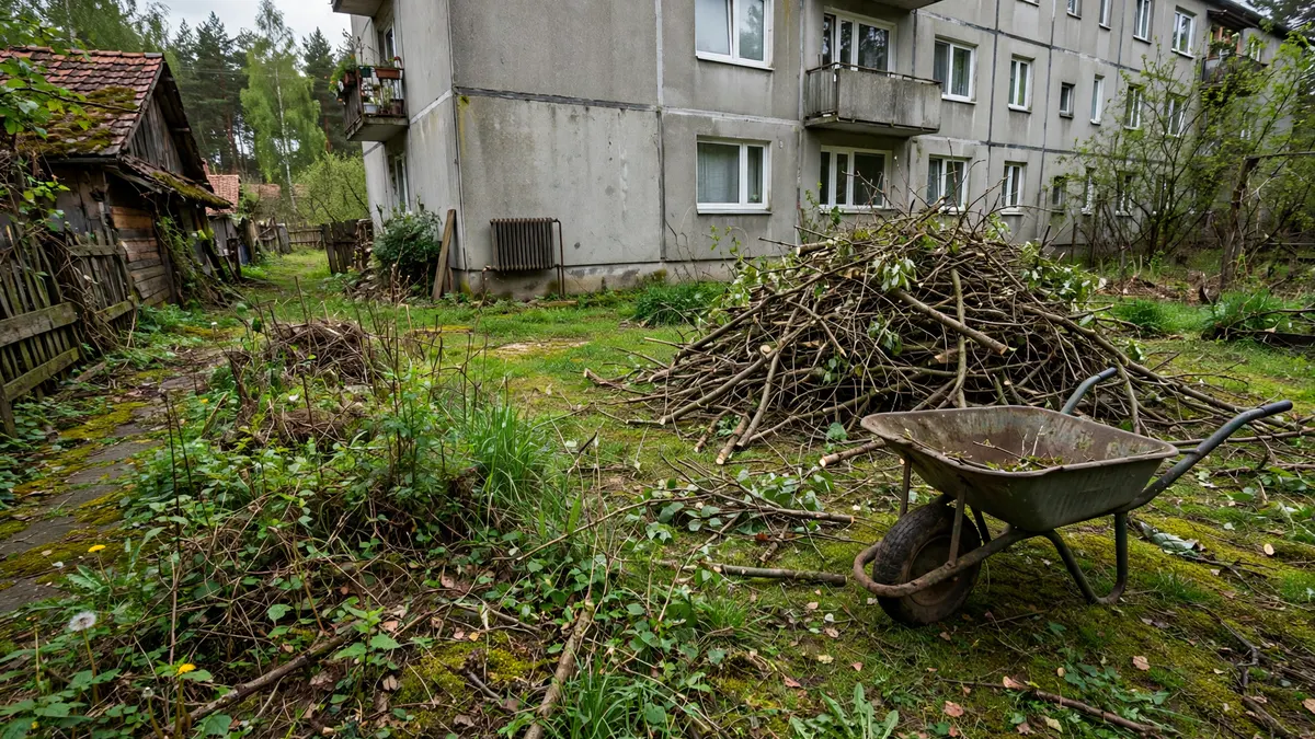 Zarośnięty ogród, na trawie sterta przyciętych gałęzi i taczka, na podwórku wiejskiego gospodarstwa na Kaszubach