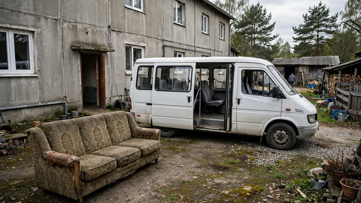Stara wersalka wyniesiona przed budynek, obok biała furgonetka z otwartymi tylnymi drzwiami, na podwórku wiejskiego gospodarstwa na Kaszubach
