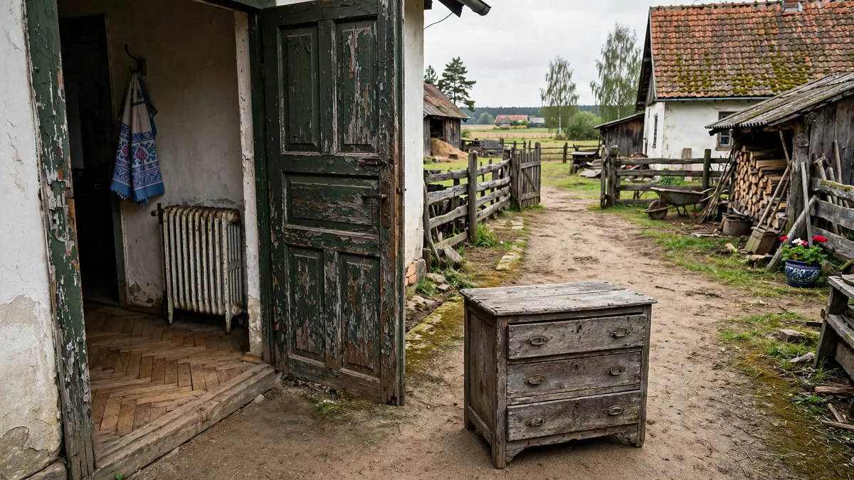 Otwarte drzwi wejściowe domu, na ścieżce stoi stara komoda, na podwórku wiejskiego gospodarstwa na Kaszubach