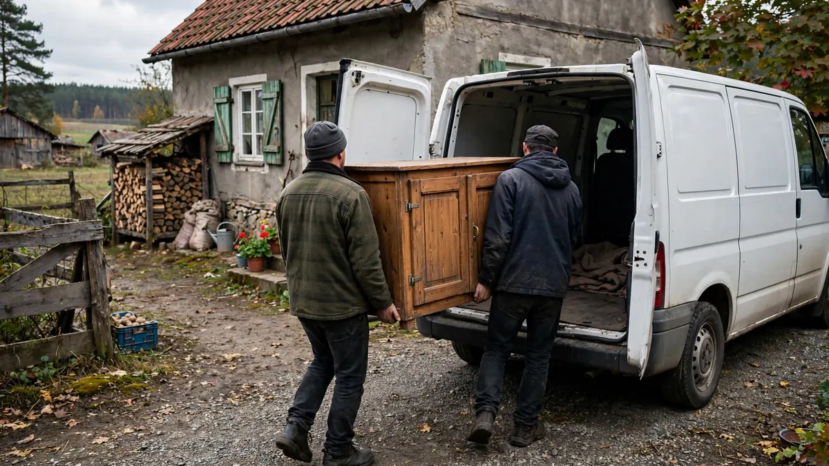 Dwóch mężczyzn widzianych od tyłu wnosi drewnianą szafkę do furgonetki, na podwórku wiejskiego gospodarstwa na Kaszubach