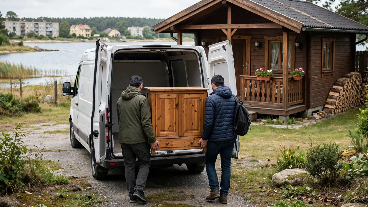 Dwóch mężczyzn widzianych od tyłu wnosi drewnianą szafkę do furgonetki, przed drewnianym domkiem letniskowym nad zatoką