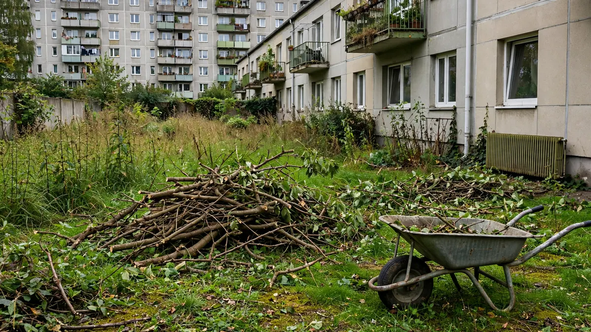 Zarośnięty ogród, na trawie sterta przyciętych gałęzi i taczka, na podmiejskim osiedlu szeregowców