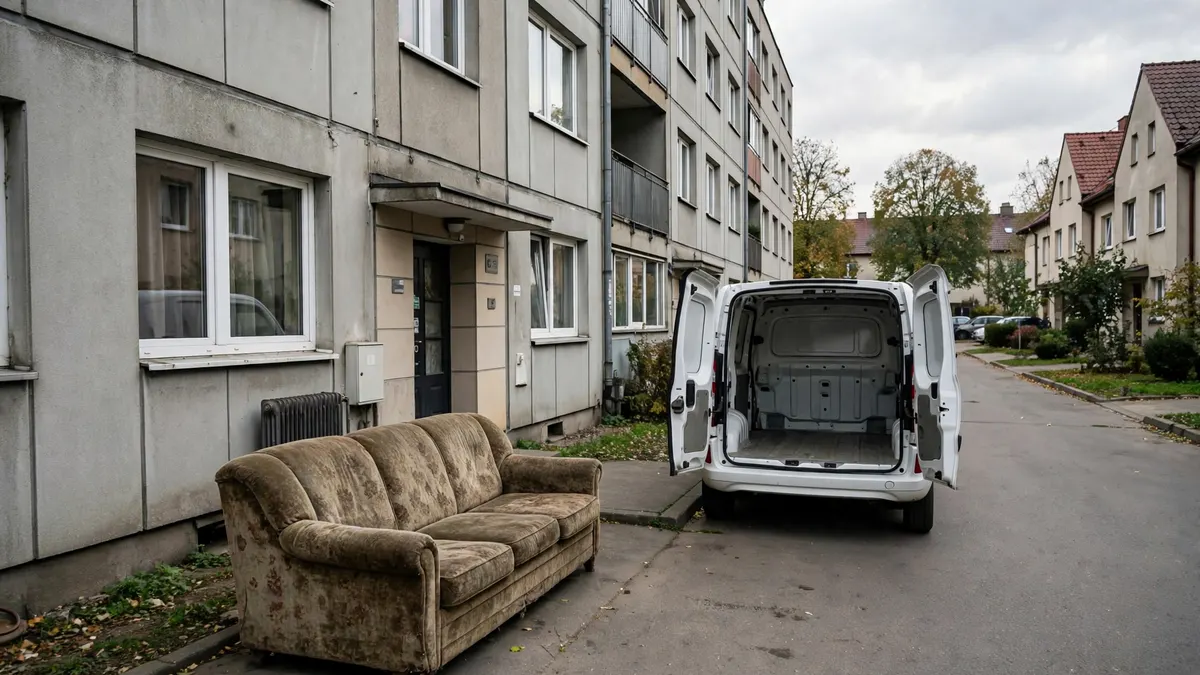 Stara wersalka wyniesiona przed budynek, obok biała furgonetka z otwartymi tylnymi drzwiami, na podmiejskim osiedlu szeregowców