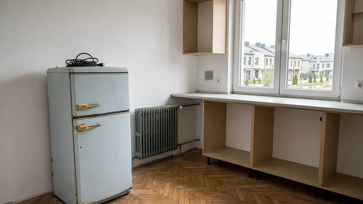 Stara lodówka odłączona w pustej kuchni, kabel zwinięty na górze, w nowym szeregowcu na podmiejskim osiedlu