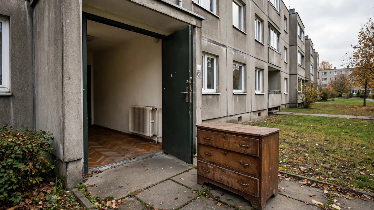 Otwarte drzwi wejściowe domu, na ścieżce stoi stara komoda, na podmiejskim osiedlu szeregowców