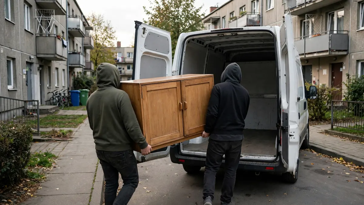Dwóch mężczyzn widzianych od tyłu wnosi drewnianą szafkę do furgonetki, na podmiejskim osiedlu szeregowców