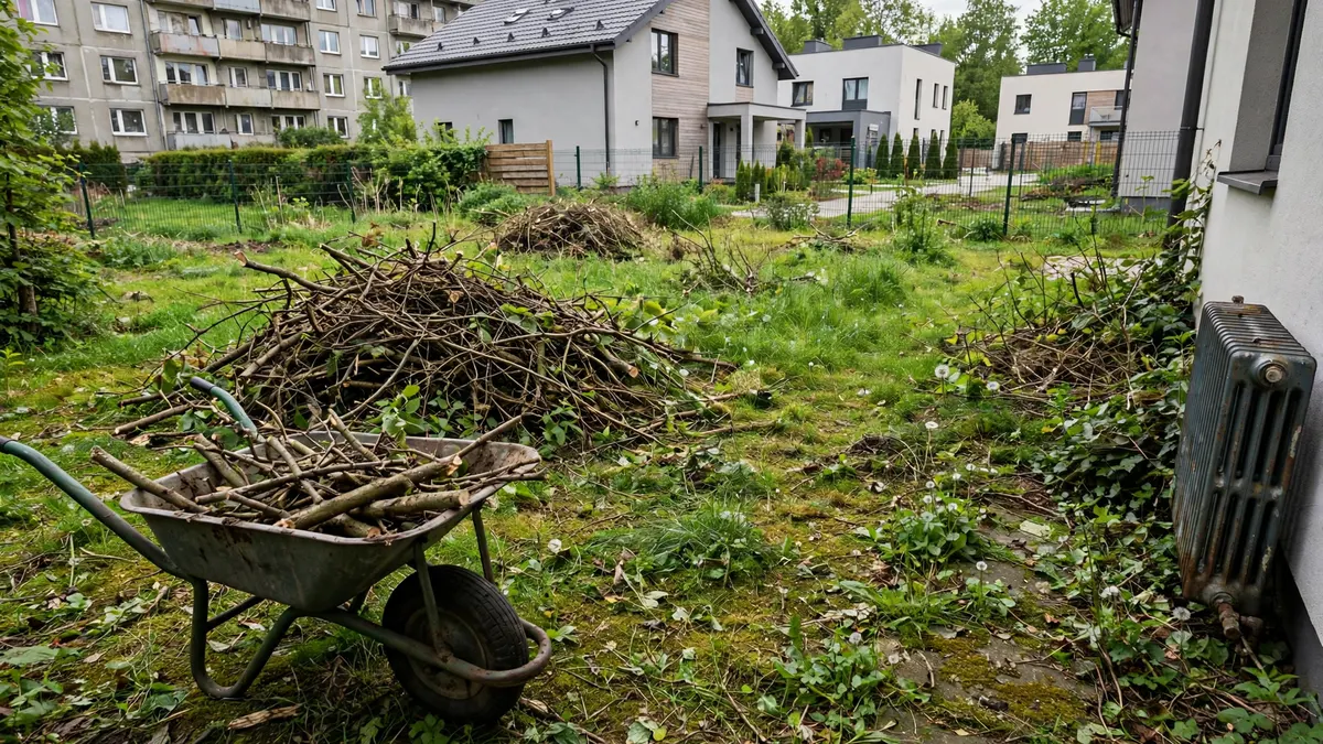 Zarośnięty ogród, na trawie sterta przyciętych gałęzi i taczka, na osiedlu nowych domów jednorodzinnych