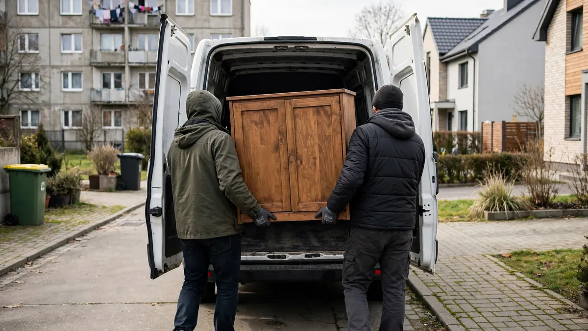 Dwóch mężczyzn widzianych od tyłu wnosi drewnianą szafkę do furgonetki, na osiedlu nowych domów jednorodzinnych