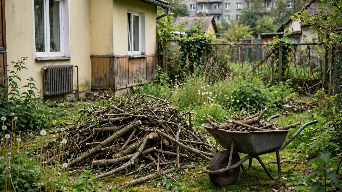 Zarośnięty ogród, na trawie sterta przyciętych gałęzi i taczka, przed domem jednorodzinnym z ogrodem